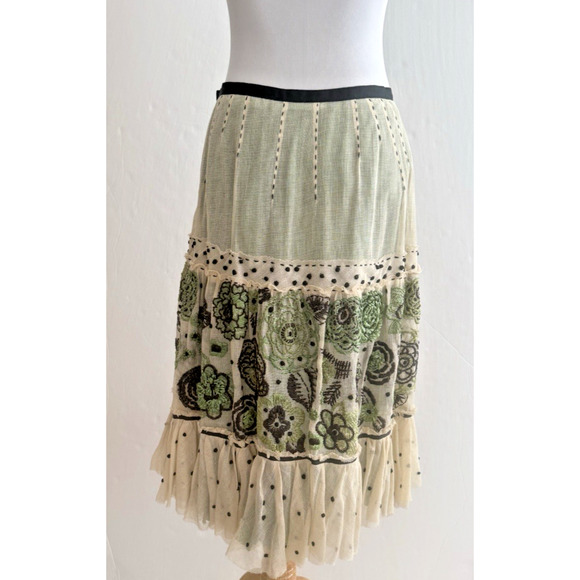 Easton Pearson Peasant Skirt S Cream Tulle Overlay Green Cotton Slip Embroidered - Picture 16 of 16
